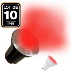 EUROPALAMP 10 Spots Encastrables De Sol Rond Inox 304 Exterieur IP65 + Ampoules GU10 7W ROUGE