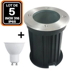 EUROPALAMP Lot De 5 Spot Encastrable De Sol Rond Inox 316 Extérieur IP65 + Ampoule GU10 7W Blanc Froid 6000K