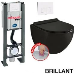 EUROPALAMP Pack Complet WC Sans Bride Bati Autoportant + Cuvette Noir Brillant Sans Bride + Plaque Blanche DESIGN