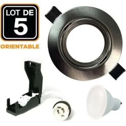 EUROPALAMP 5 Spots Encastrable Orientable Alu Brossé Avec GU10 LED De 7W Eqv. 56W Blanc Chaud 2700K - Blanc Chaud 3000K